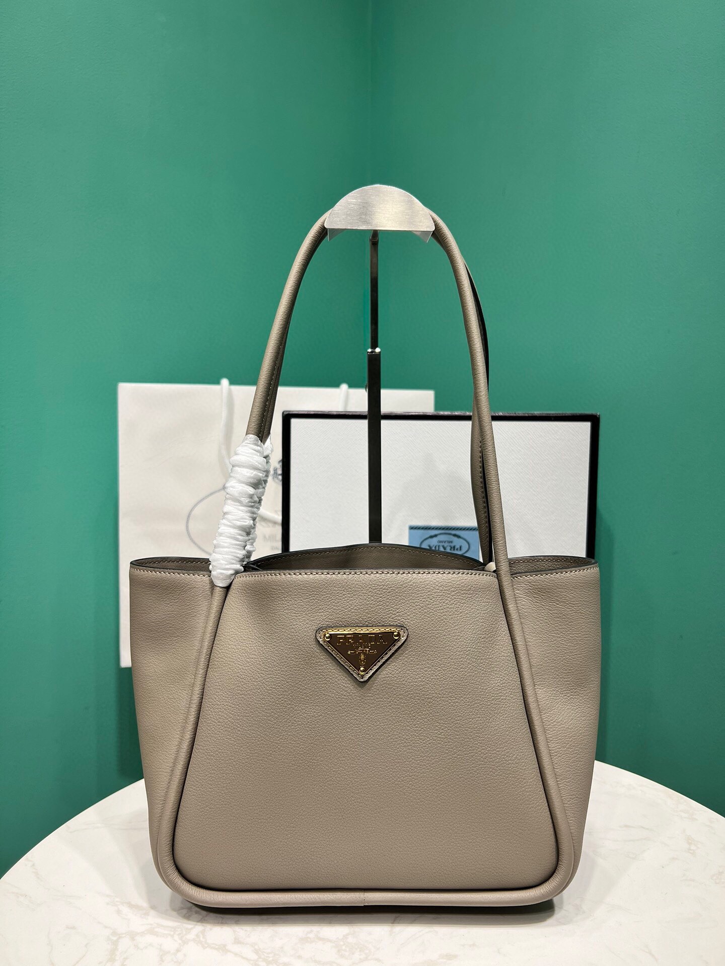 Prada Mini Leather Tote Bag Clay Grey 1BG539